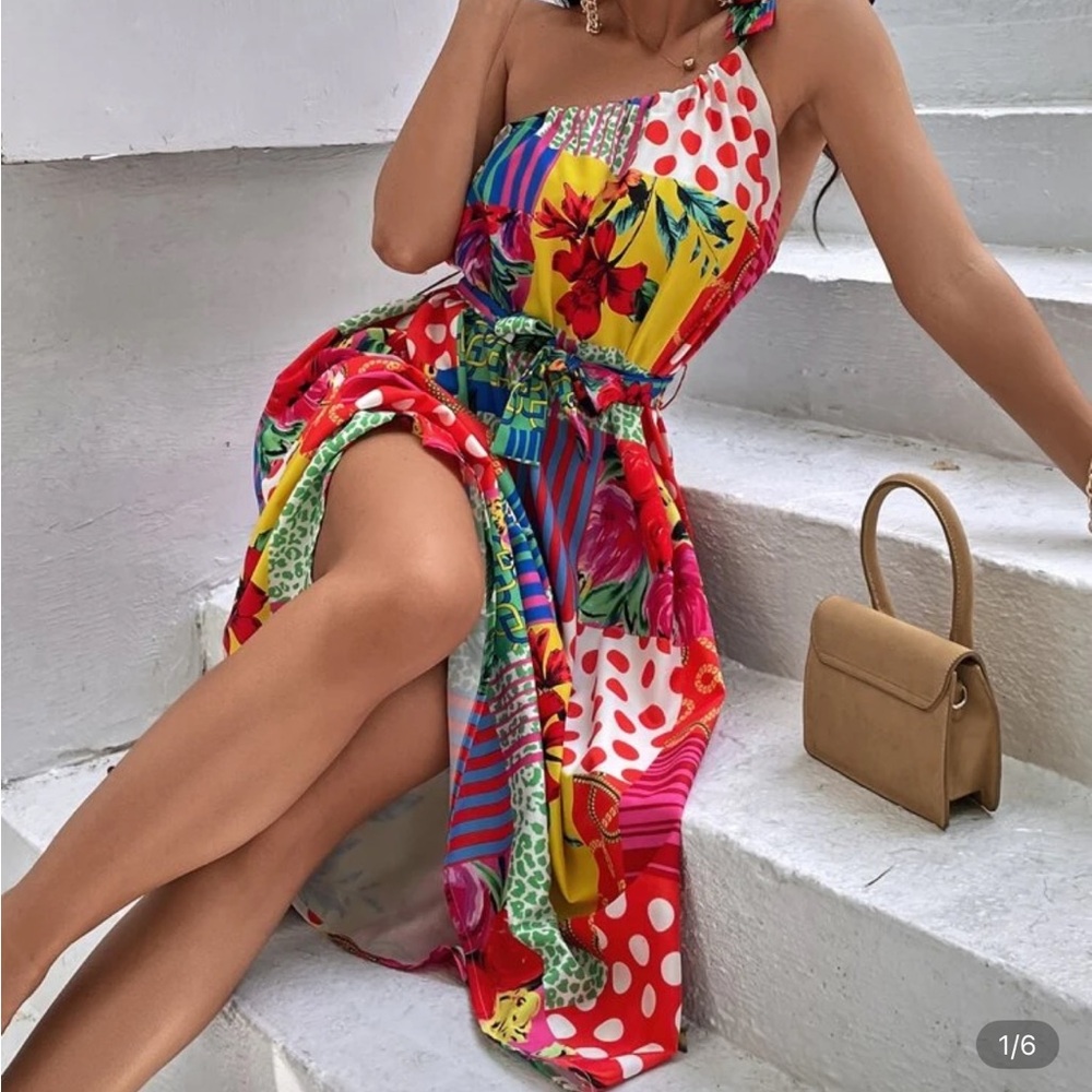 SHEIN One Shoulder Multicolor Floral Dress